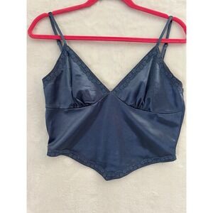Better Be Navy Blue Satin Lace Trim Handkerchief Hem Cropped Camisole Top Large